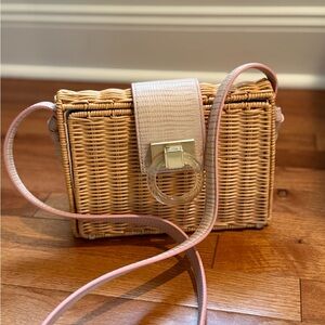 Woven Rattan Crossbody Bag with Pink Trim